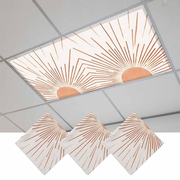 Orange Sunshine Fluorescent Light Covers, Lines Retro Abstract Middle Century Magnetic Light Covers for Ceiling Lights, Fluorescent Ceiling Shade Filters for Classroom Bedroom Office 4x2Ft x 3PCS