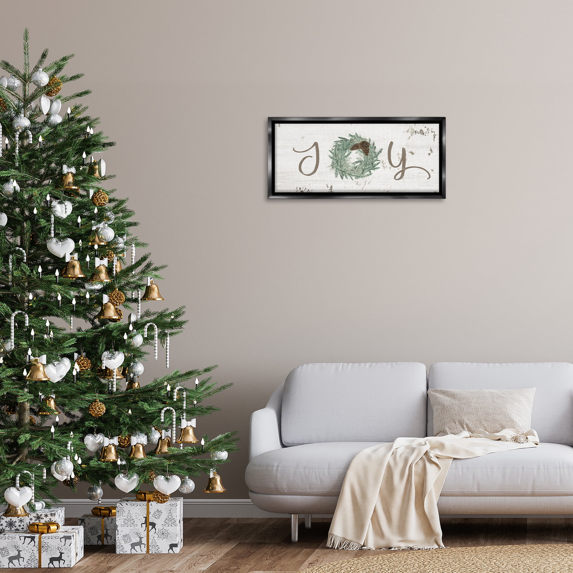 Stupell Industries Country Inspired Joy Wreath Holiday Painting Black Floater Framed Canvas Art Print Wall Art, 31 x 14