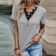 thumbnail image 3 of Gibobby Playera de Verano para Mujer Blusa informal color liso para mujer con cuello en V y costuras encaje con botones en la parte superior manga corta(Gris,M), 3 of 5