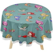 SKYSONIC Cute Cartoon Mermaids Round Tablecloth 60inch Indoor Wrinkle Free, Marine Life Summer Circular Lace Table Cover Washable for Kitchen Party BBQ Dining Decor