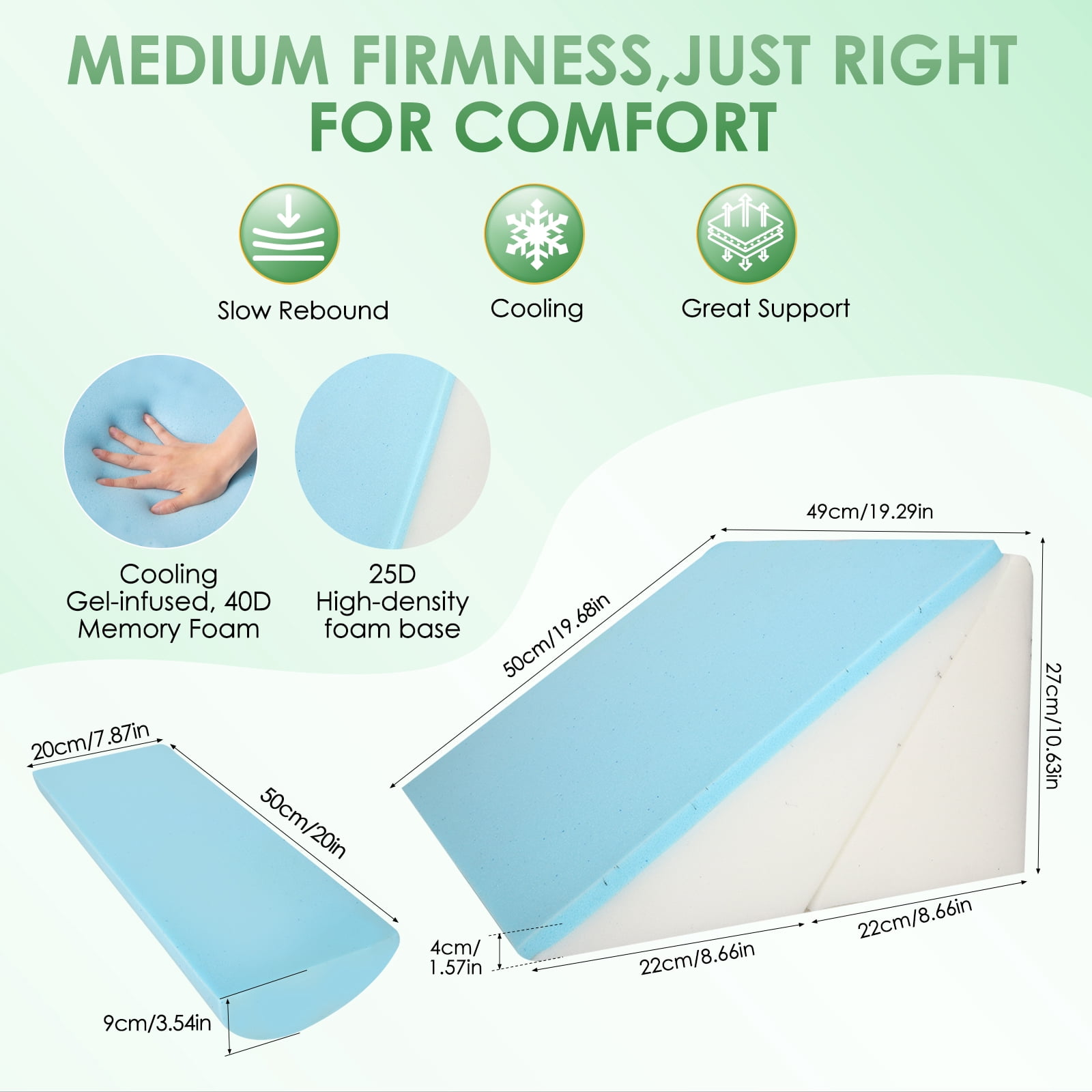 AMTPM Adjustable Wedge Pillow, 2 Heights (9" & 12") Cooling Gel Memory Foam Wedge Pillow Set with Roll Pillow for Acid Reflux, Snoring, Back Pain Relief