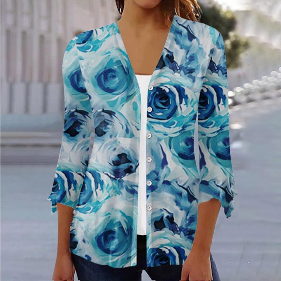 ZHENHONG Crew Cardigans Womens, Summer Cardigan For Women 2024 Loose 3/4 Sleeve Lightweight Kimonos Casual Button Down V Neck TopsCardigans for Women