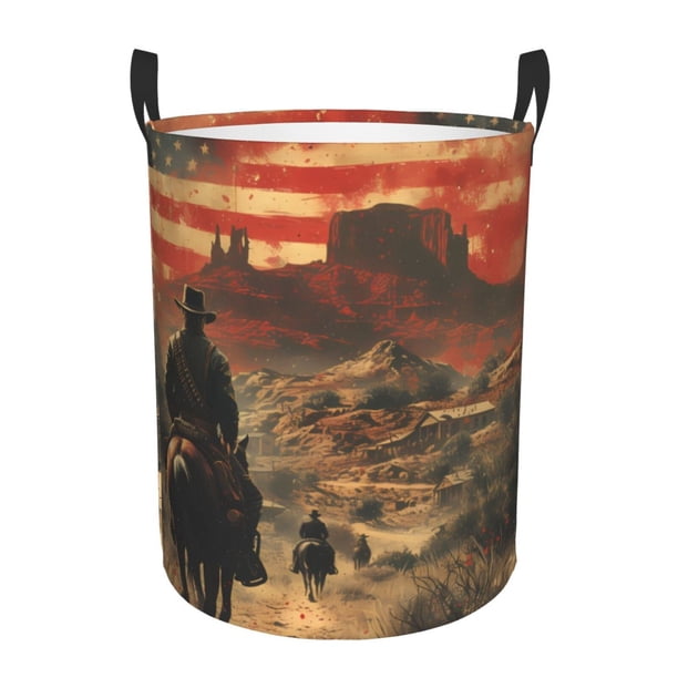 Fotbe 1860s Style American Cowboy Cesto de Ropa con Asas, Cesto Impermeable de Gran Capacidad, Bolsa de Lavado para Dormitorio, Cesto de Ropa con Ruedas y Asas-Medium