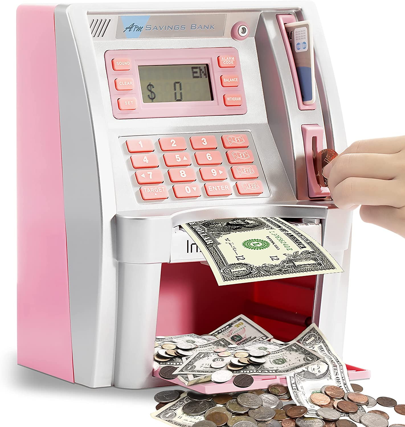 2022 Upgraded Blue ATM Savings Piggy Bank Machine for Real Money with Card Coin Reader and Electronic Balance Calculator Money Bank for Kids Adults 