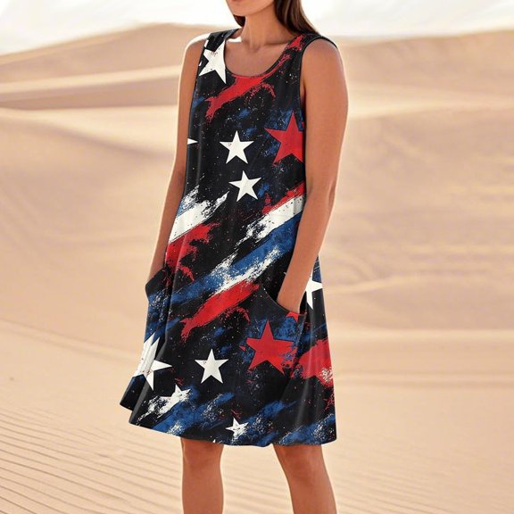 Women's Boho Round Neck Dress, Sleeveless Flowy Summer Sundress with Patriotic Theme, Ideal for Beach Weddings and Parties,Black L