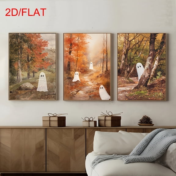 Set of 3 Unframed Autumn Forest Landscape Ghosts Wall Art Poster Canvas Print Fall Spooky Halloween Farmhouse Decor Rustic Painting for Apartment,Living Room,Bedroom,Modern Home Decoration