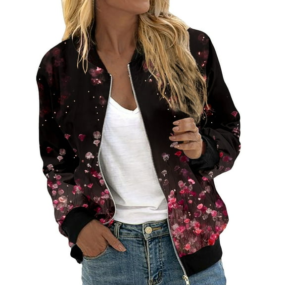 Light Jackets for Women Trendy Casual Zip Up Floral Print Short Sports Bomber Fall Winter Women'S Coats,Black,L