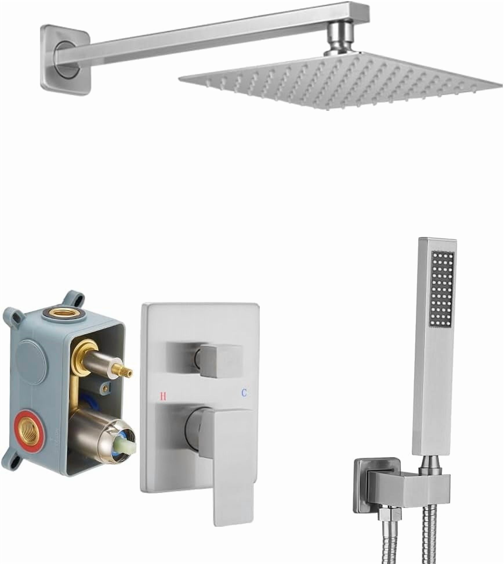 Matte Black Shower Faucet Set with Square Rain Shower Head, Single Function Trim Kit, Rough-in Valve Included, Extra Long Arm, Modern Bathroom Hardware