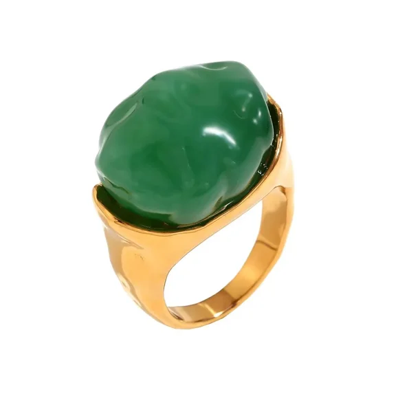 PAMTIER Unisex Stainless Steel Personality Vintage Creative Irregularly Large Green Acrylic Gemstone Signet Ring Wedding Band Gold Size 7