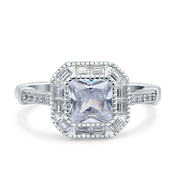 Simulated Cubic Zirconia Size-5 Cushion Cut Engagement Ring Bezel Baguete Round 925 Sterling Silver