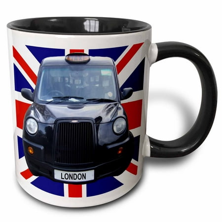 

3dRose London Black Taxi Cab on British Flag union Jack background - UK Great Britain United Kingdom Travel - Two Tone Black Mug 11-ounce