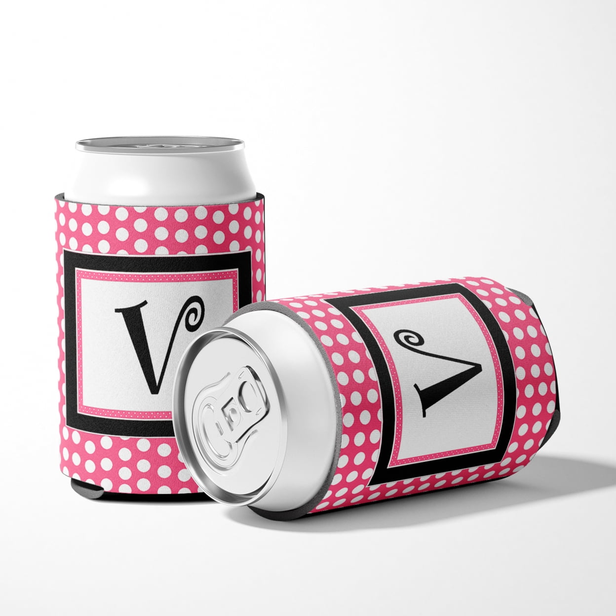 Letter V Monogram - Pink Black Polka Dots Can or Bottle Hugger