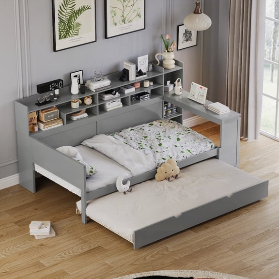 Gray Wooden Twin Daybed featuring Storage Shelves & Twin Trundle Bed - Multi-functional Design