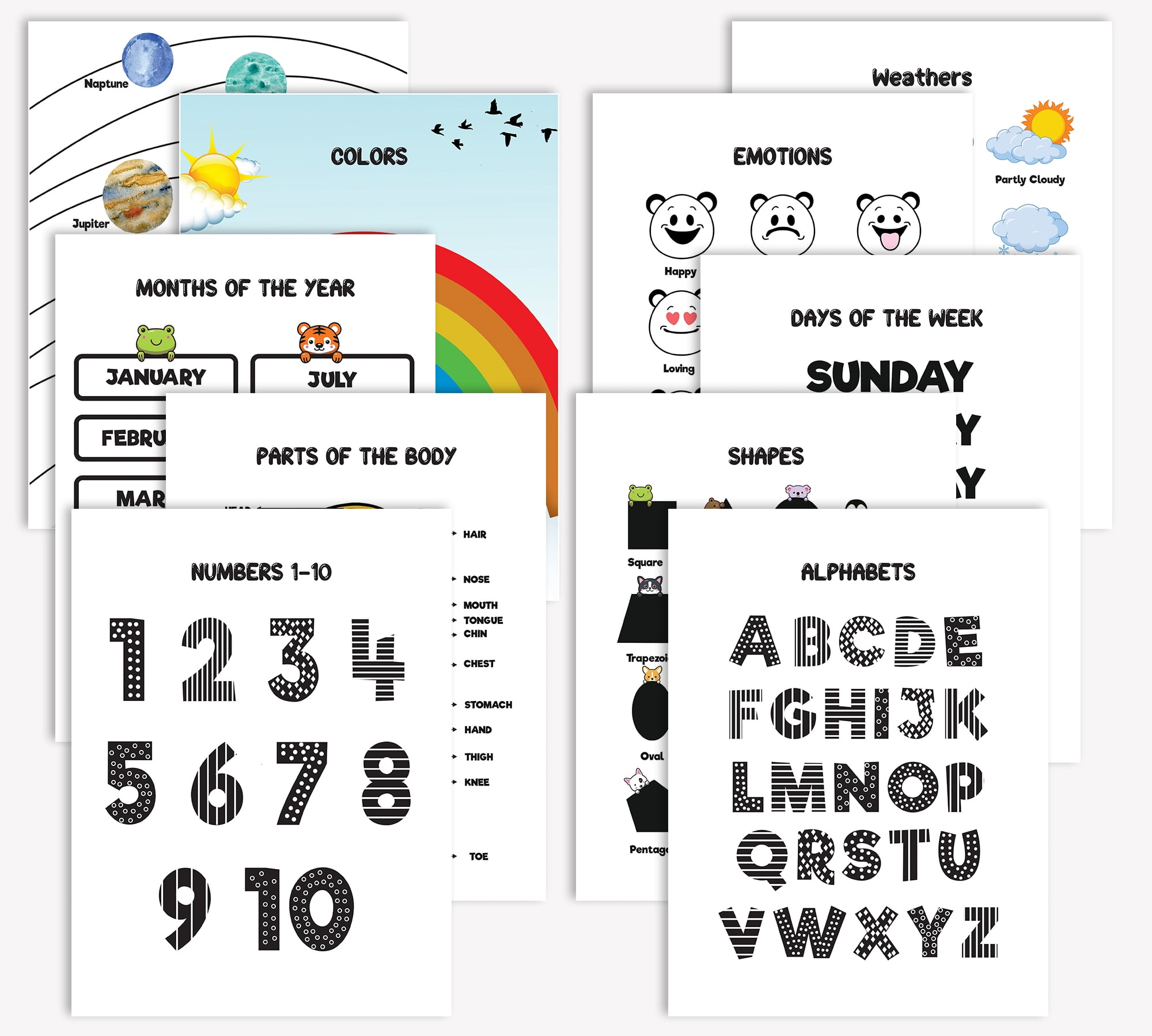 Traceease 10 Educational Posters for Classroom Decor & Kindergarten Homeschool Supplies Baby, Laminated Preschool Learning Chart Materials - Alphabet, Days Of The Week, Feelings, Part of Body, Seasons