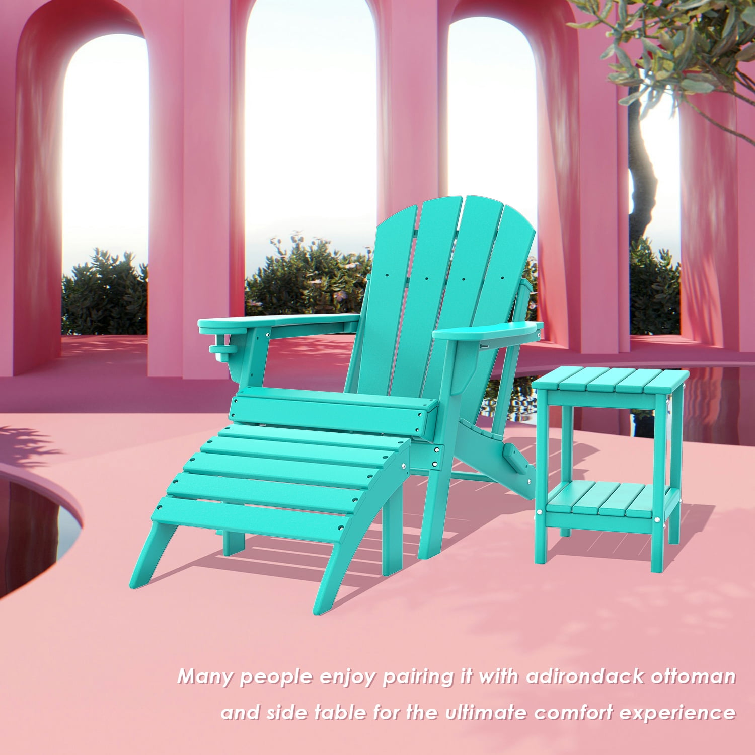 Pipopa Outdoor Folding HDPE Adirondack Chair Set of 2 with Cup Holder,All-Weather Patio Chair for Garden,Backyard,Pool,Aqua