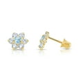 thumbnail image 2 of Tilo Jewelry 14K Yellow Gold Flower Stud Post Earrings with Blue CZ Birthstone | Secure Screw-backs | March-Aquamarine | Women & Unisex, 2 of 8
