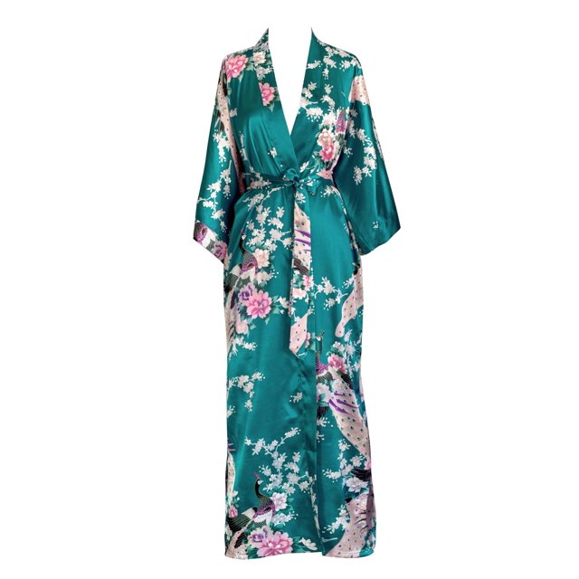 KIM+ONO Satin Kimono Robe Long - Peacock & Blossoms - Peacock (Blue)