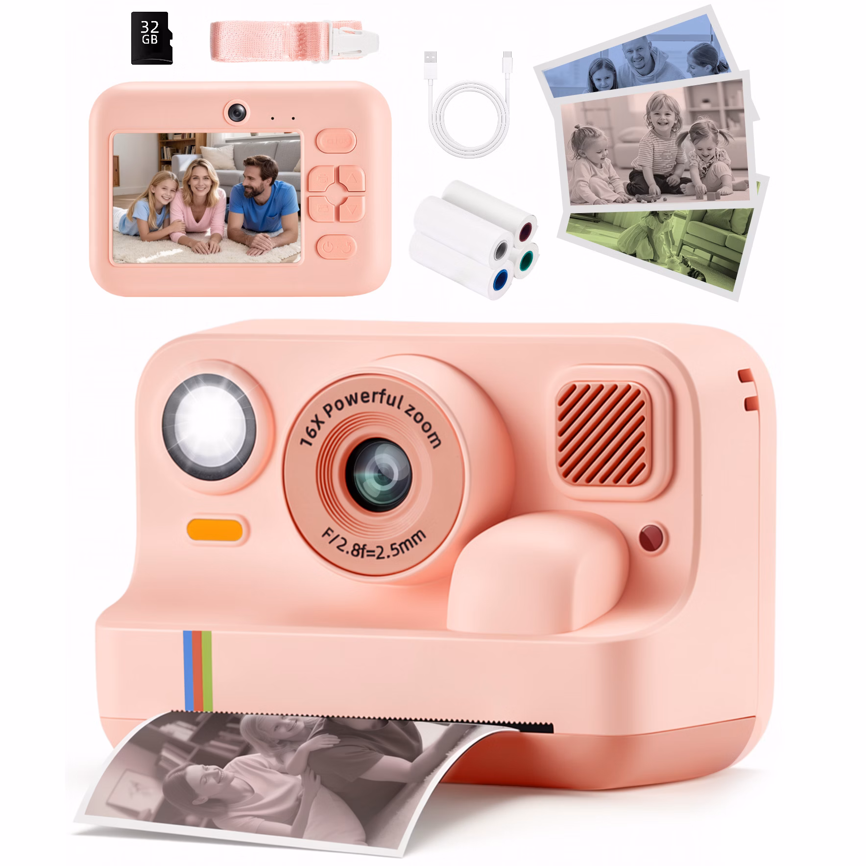 Pink, variant on Redsmile Instant Print Camera with App, 1080P HD Dual-Lens Selfie, Fun Filters & Games, 32GB Card & 4 Rolls Paper, Purple