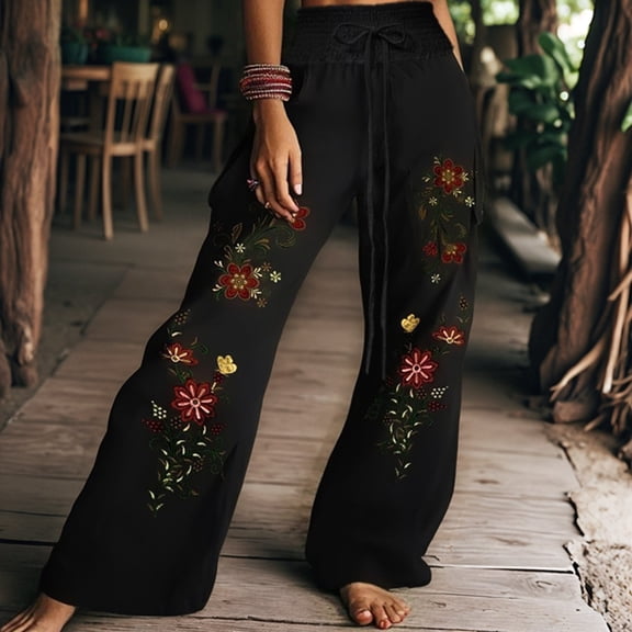 Wide Leg Pants for Women Boho Floral Palazzo Pants High Waist Bohemian Flowy Lounge Trousers Black XXXL