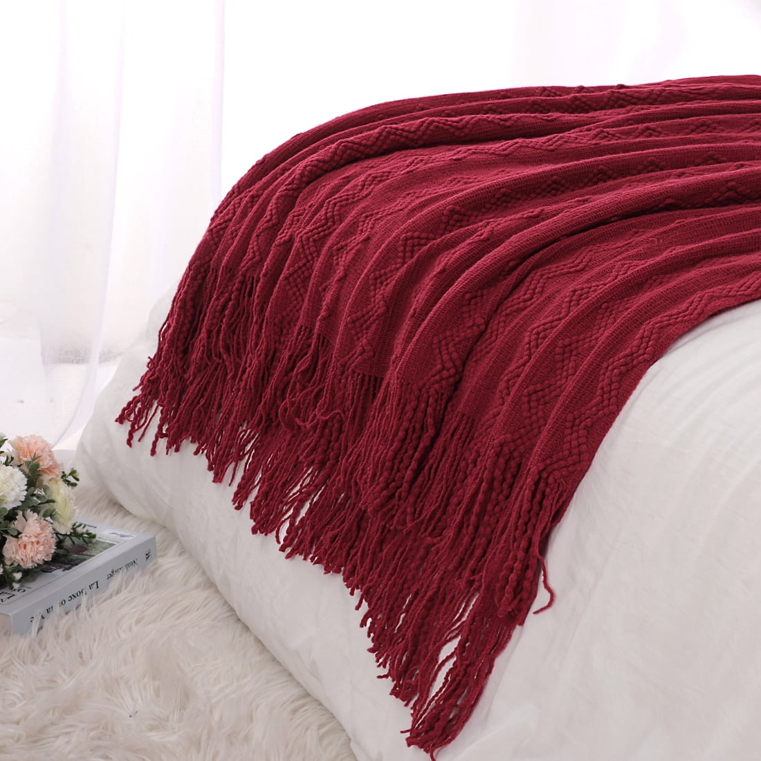 PiccoCasa Decorative Knitted Throw Blanket with Fringe for Couch Bed