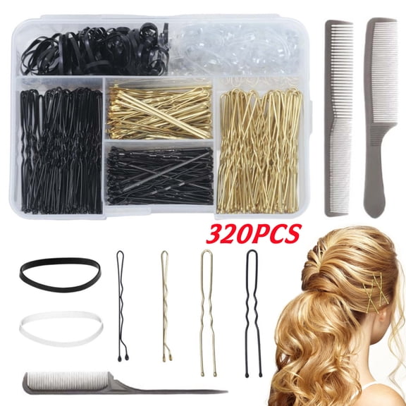 320 Pcs Bobby Pins & Hair Bands Set - 120 Bands & 200 U Shape Pins With 3 Hair Combs and Storage Box for Women & Girls Gifts, Black & Gold