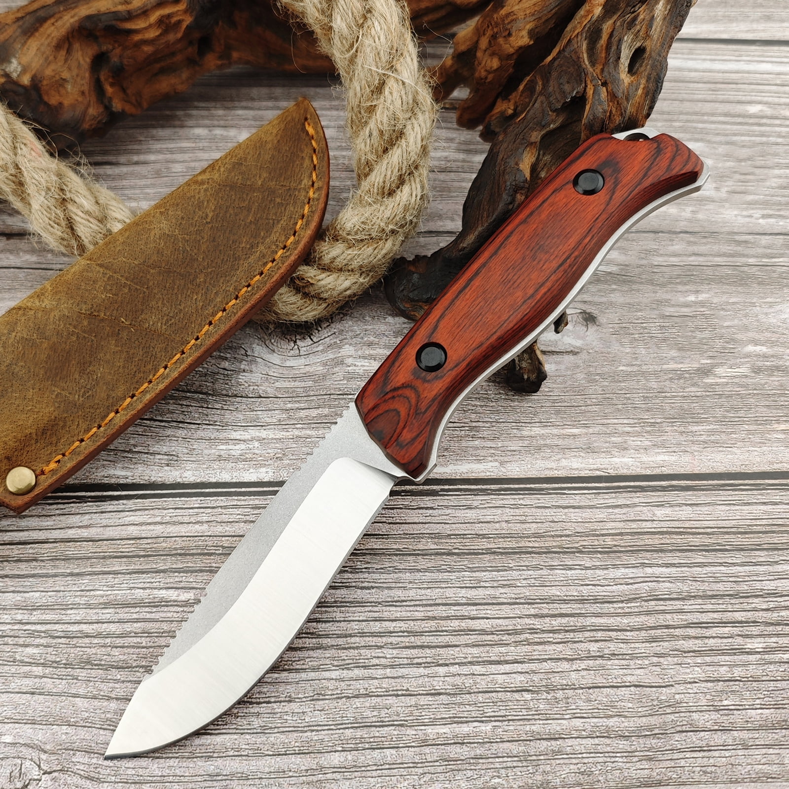Fixed Blade Knife, Full Tang, Drop Point 440C Blade, Stabilised Wood Handle, Bushcraft Knife with Sheath for Camping, Outdoors