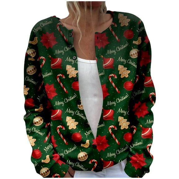 Tiweut Leisure Cardigans for Womens Fashion Christmas Button Down Sweater Santa Gifts Print Fall Winter Seasonal Holiday Open Front Knit Outerwear Blouses Dark Green,S