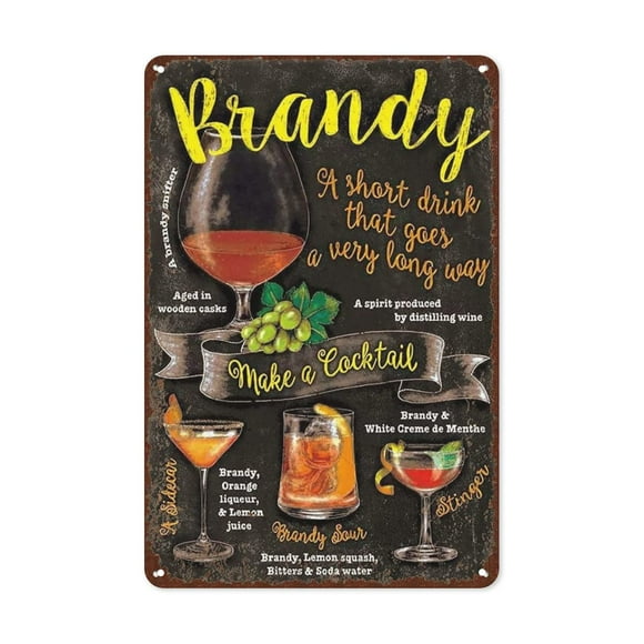 Vintage Classic Brandy Cocktail Tin Sign, Cocktail Menu Metal Tin Sign, Cocktail Recipes Sign Bar Home Decoration 12 X 8 Inch