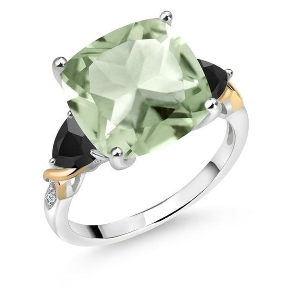 Gem Stone King 925 Silver and 10K Yellow Green Prasiolite and Black Onyx and Diamond Ring for Women (7.23 Cttw, 12MM Cushion and 5mm Trillion) (Size 6)