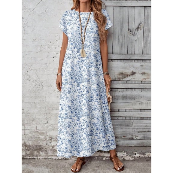Blue And White Floral Print Womens Boho Tunic Maxi Dress With Round Neck And Short Sleeves