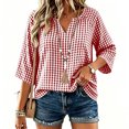 thumbnail image 4 of thefmos Women's V Neck 3/4 Sleeve Plaid Top Loose Fit Lightweight Cute Blouse Casual Fashion Spring Fall Outfitt, Red 2XL, 4 of 7