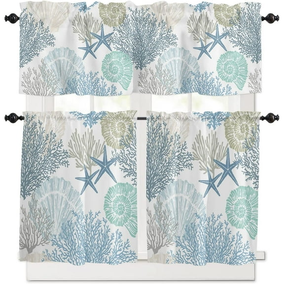 Coastal Kitchen Curtains Set Small Half Curtains 24 Inches Length, Summer Beach Blue Teal Coral Starfish Nautical Rod Pocket Window Treatment Bedroom Tiers and Valance Set for Cafe Bathroom