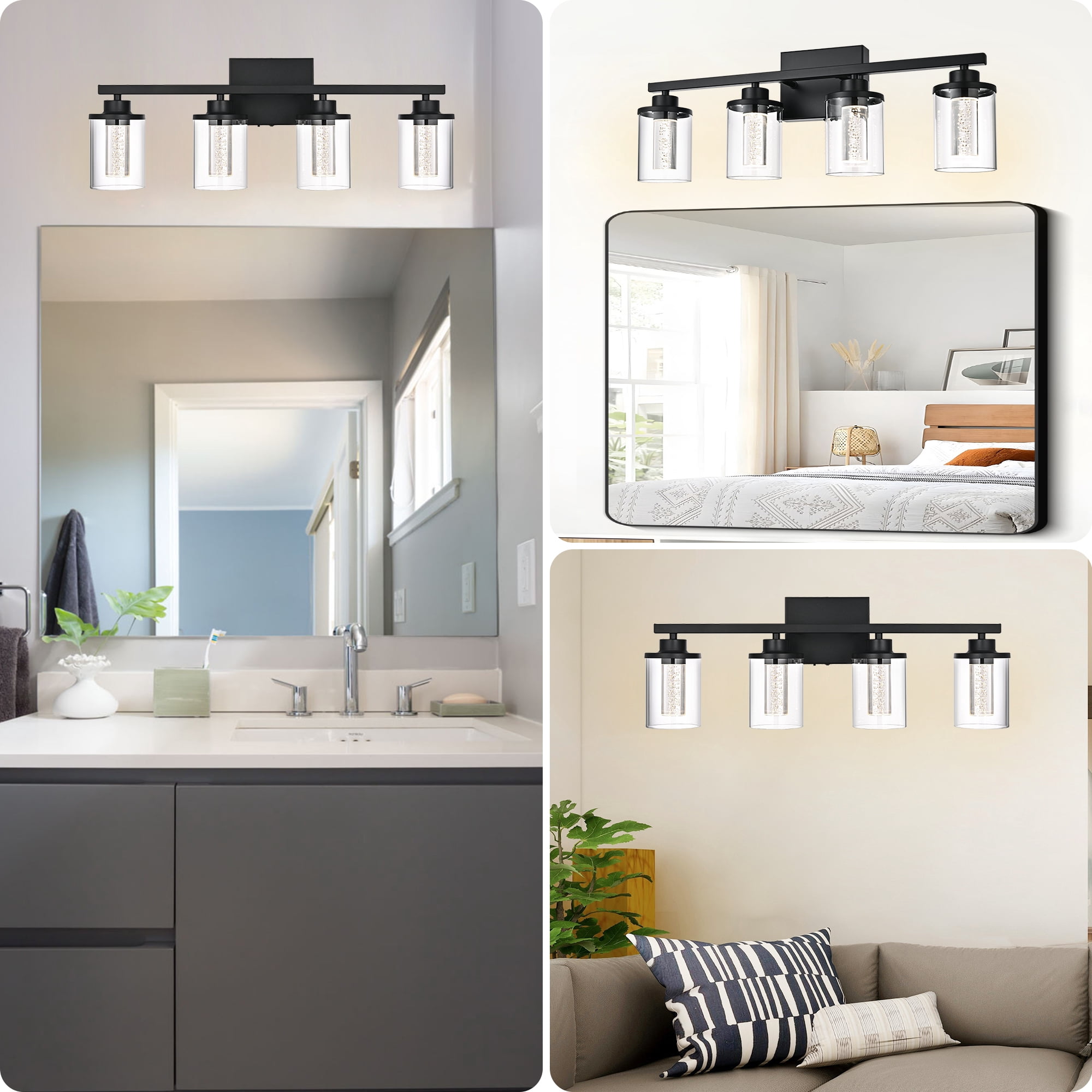 Melucee 5CCT Dimmable LED Black Vanity Lights 4-light, Modern Vanity Lighting Fixtures with Crystal Light Columns and Clear Glass for Bathroom Bedroom