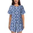 thumbnail image 1 of Xecao Stylized Flowers Vintage Boho Pattern Women's Short Sleeve Pajama Set Soft Sleepwear Lounge Set with Button Front Top and Drawstring Shorts with Pockets-Small, 1 of 6