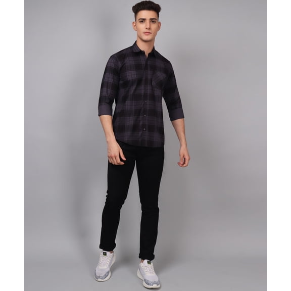TryBuy Premium Grey Black Checks Cotton Casual Shirt for Men