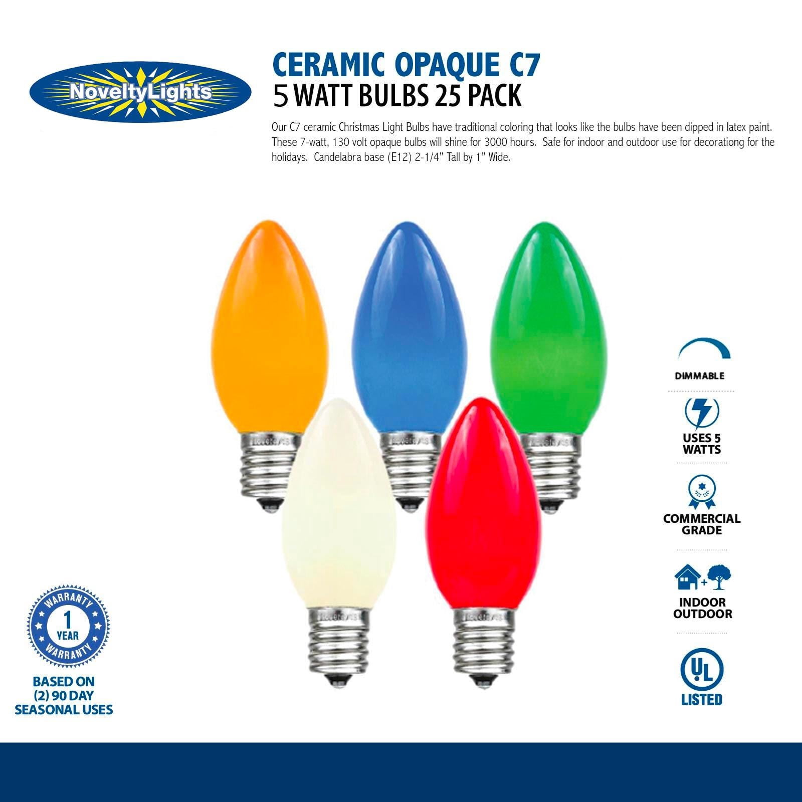 Novelty Lights 500 Case C7 Outdoor Ceramic Christmas Replacement Bulbs, Green, C7/E12 Candelabra Base, 5 Watt