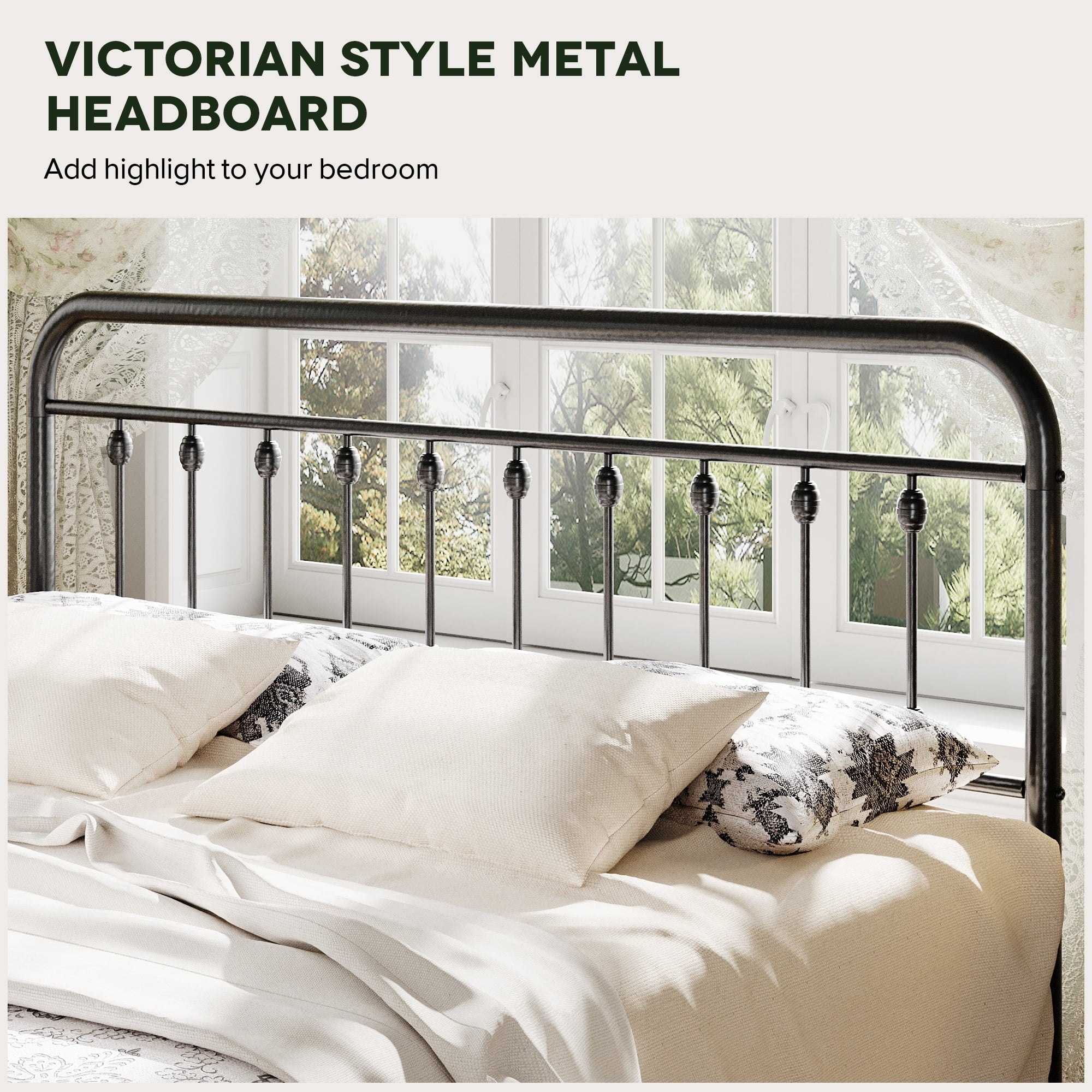 Einfach King Bed Frame, Metal Platform Bed with Vintage Headboard, No Box Spring Needed, Heavy Duty, Black
