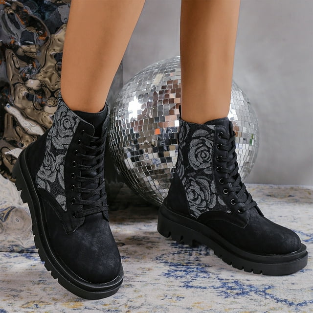 EGNMCR Bottes d'Hiver pour Femmes, Bottes d'Hiver Rétro Élastiques à la Cheville Mode Talon Plat Bout Rond Chaussures à Talon Plat Bottes pour Femmes