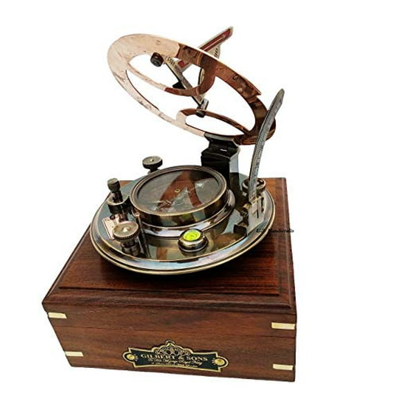 US HANDICRAFTS Brass Nautical Gift Ideas for Men Xmas 5 Inch Perfectly Calibrated Large Sundial Compass Rosewood Case Top Grade Engraved Brass Sundial with Embossed Needle