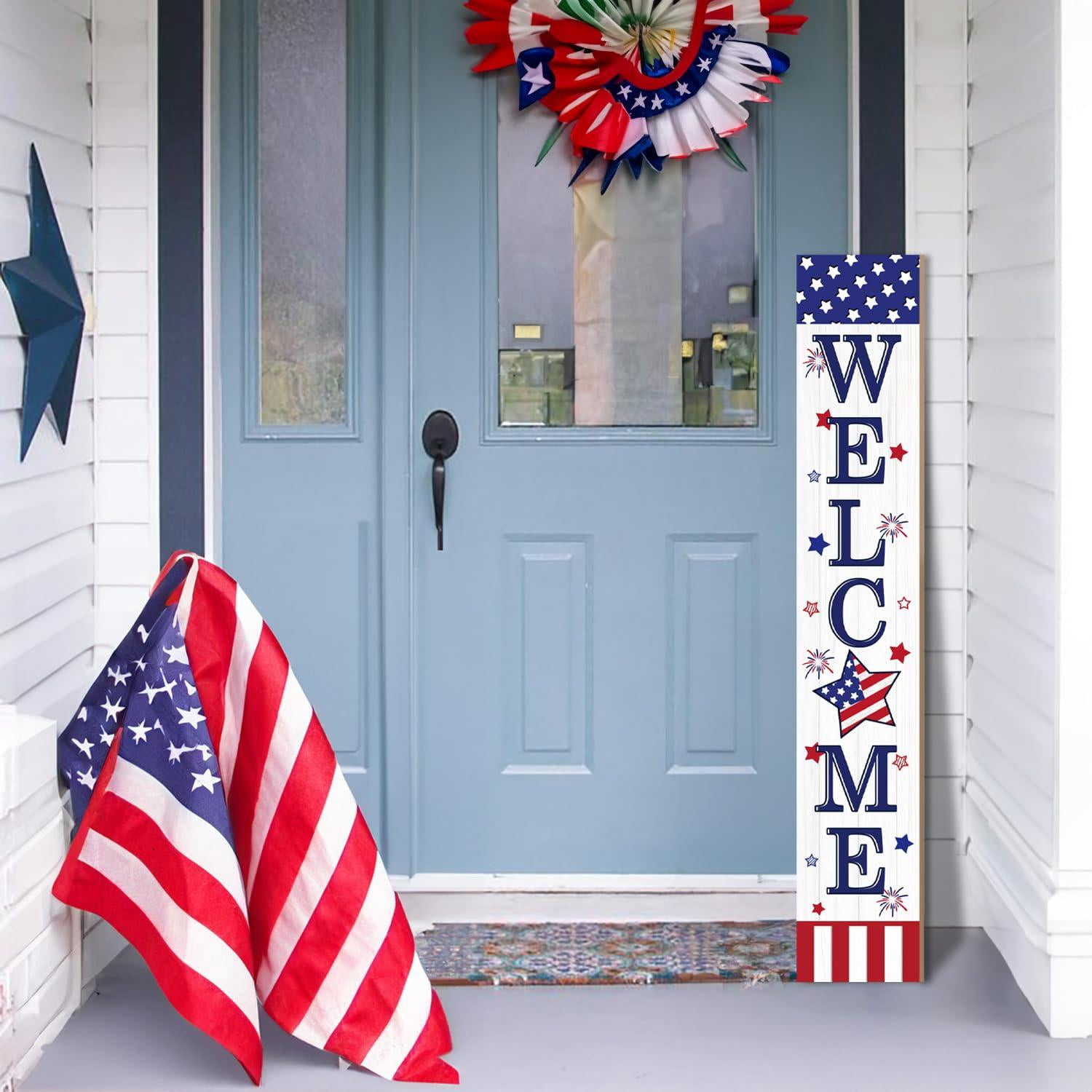 Patriotic 4th Of July Welcome Sign For Front Porch  250th Anniversary Memorial Day Wooden Outdoor Patio Flag Standing Yard Summer Door Signs Garden Wall