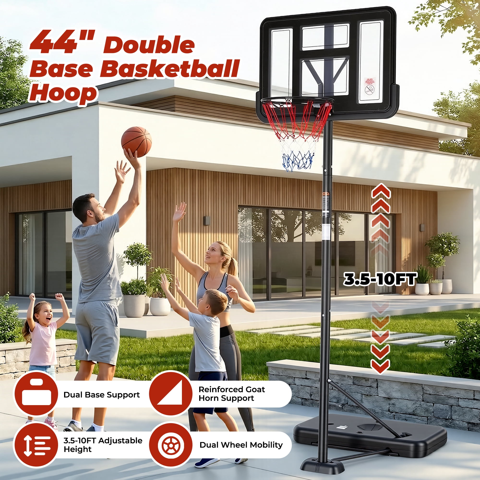 Naipo 44”Portable Basketball Hoop with Upgraded Dual Rear Base 3.5 to 10 FT Adjustable Basketball Stand 270° Safe Play Zone for Everyone in Family