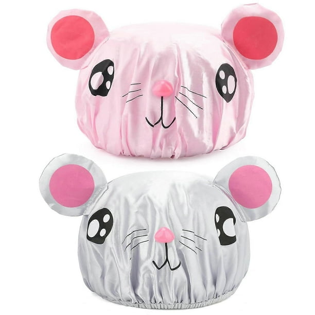 2 Pieces Cute Kids Shower Cap, Funny Cartoon Bath Hat,Boys or Girls Waterproof Shower Bath Caps (Gray Mouse + Pink Pig)