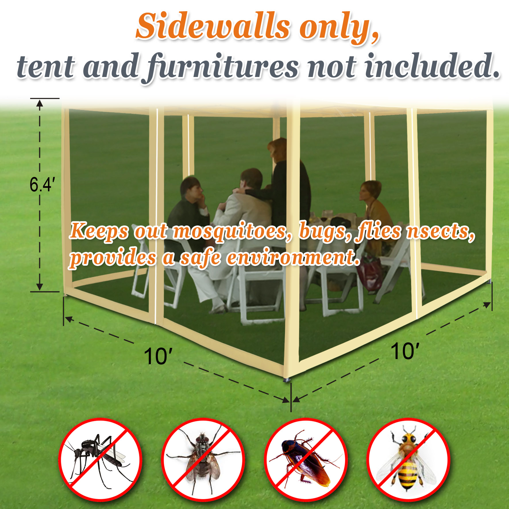 Sunny Canopies Sidewalls 10' L X 6.4' W Mesh Wall for Pop Up Canopy Screen Room, Pack of 4 (Walls Only)