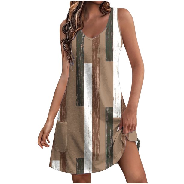 Vestido de Verano para Mujeres, Vestido Casual de Cuello en V sin Mangas de Impresión de Bolsillo de Moda Hecho de Poliéster Ligero para Primavera Verano, Vestido de Verano Casual