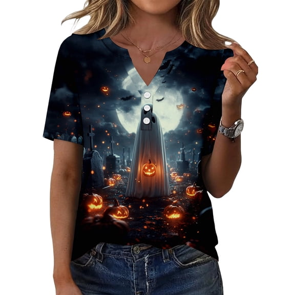 IYYVV Women Fall Halloween V Neck Shirt Pumpkin Graphic Short Sleeve Tee Autumn Holiday Family Matching Top Black 3XL