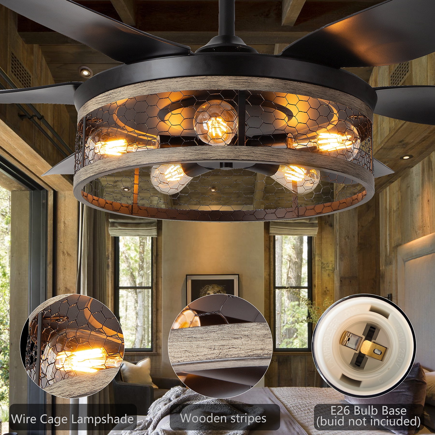 Ohniyou 52" Caged Farmhouse Ceiling Fan with Lights and Remote 6 Blades Fandalier Indoor Outdoor Ceiling Fans for Patio Living Room Kitchen, Black