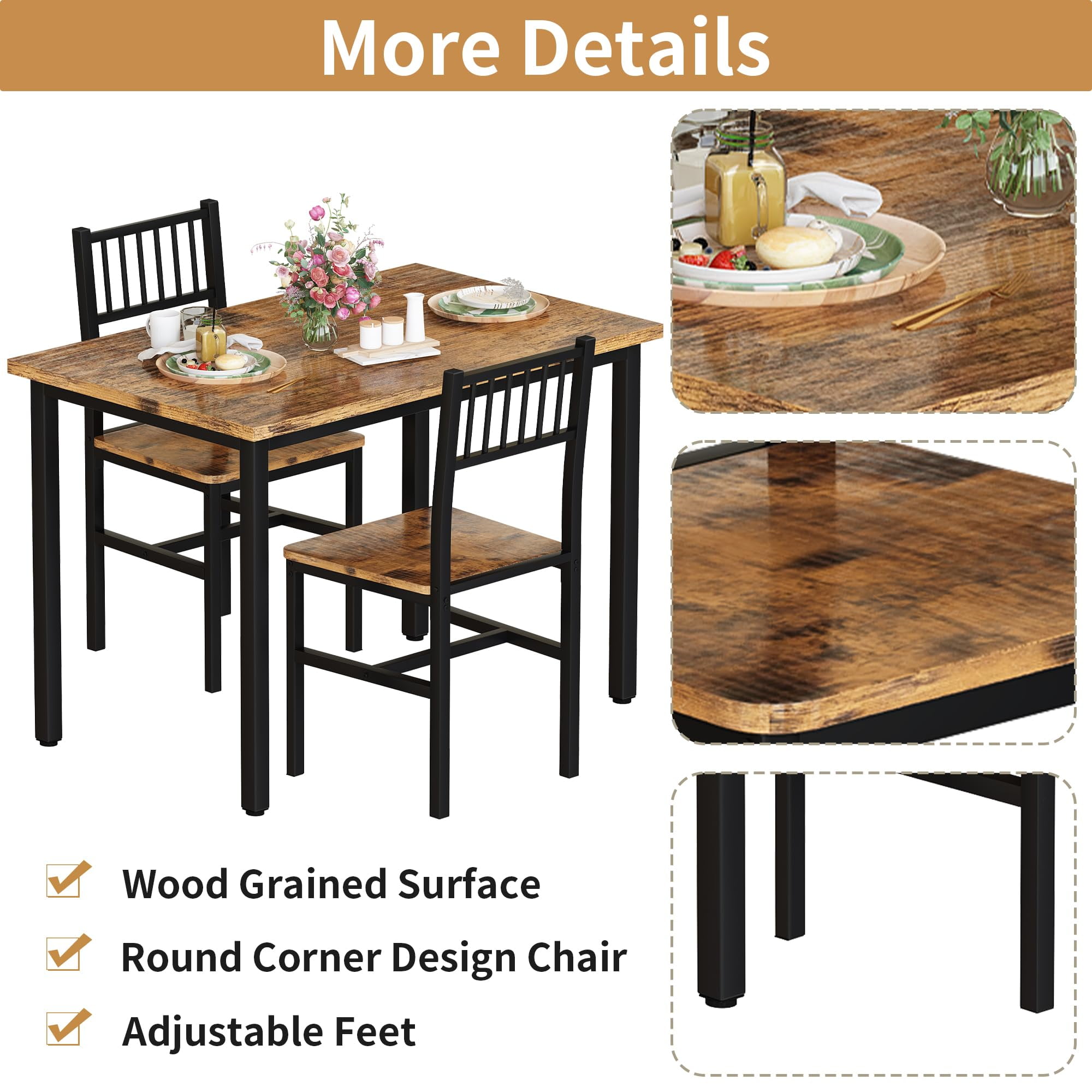Lamerge 3 Piece Dining Table Set, Industrial Kitchen Table and 2 Chairs with Metal Frame, Dining Room Table Set, Breakfast Table Set for Small Space, Dining Room, Kitchen, Rustic Brown