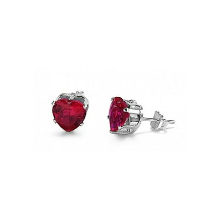 Heart Shaped Ruby Earrings - 925 Sterling Silver 4MM Heart Shaped Cubic Zirconia Stud Earrings (Ruby Color)