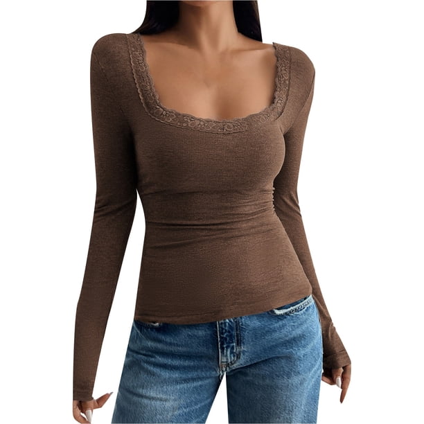 Camiseta corta con cuello cuadrado y ribete de encaje para mujer - Top de manga larga ajustado con patchwork, poliéster, XS-XXL