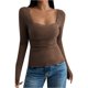 thumbnail image 1 of Camiseta corta con cuello cuadrado y ribete de encaje para mujer - Top de manga larga ajustado con patchwork, poliéster, XS-XXL, 1 of 6